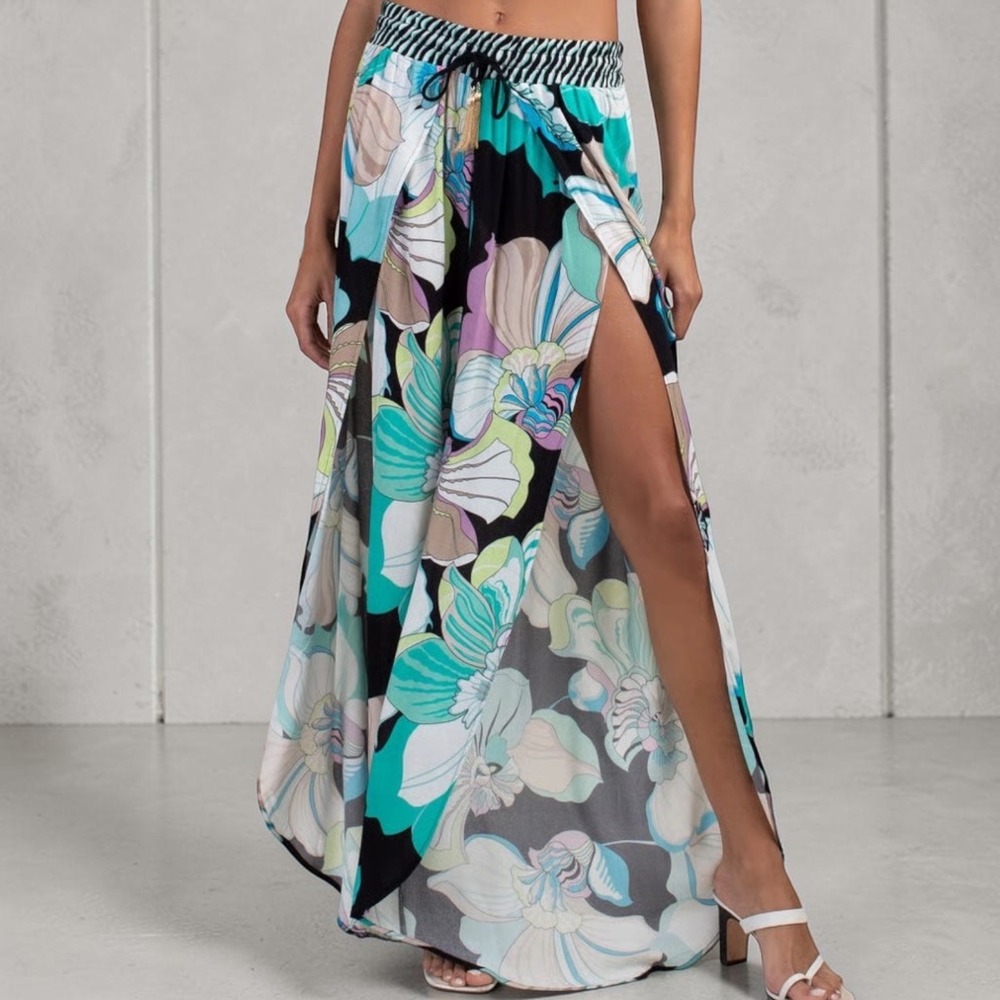 Trina Turk Floral Palazzo Pants Large Split Leg Resort Coastal Vacation Boho
